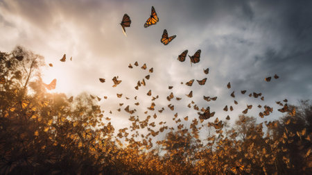 Butterflies flying in the sky at sunset. Nature background.の素材