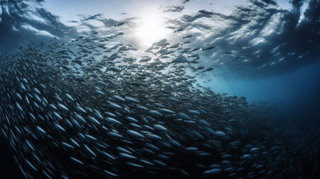 Underwater view of a school of fish swimming in the ocean.の素材