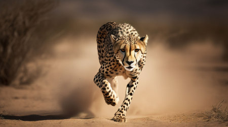 Cheetah (Acinonyx jubatus) running in the sandの素材