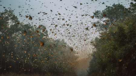 A flock of butterflies flying in the autumn forest. Flying insects.の素材