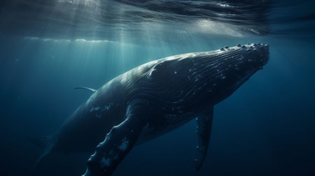 Humpback whale in the blue ocean. Underwater photography.の素材