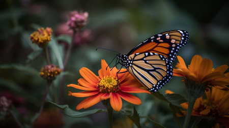 Monarch butterfly on orange zinnia flower in the garden.の素材