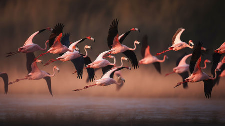 Flamingos flying in the wild. Wildlife scene from nature.の素材