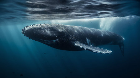 Humpback whale swimming in the blue ocean. Underwater photography.の素材