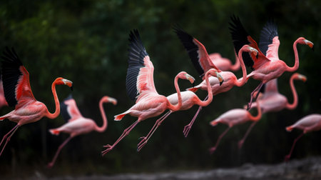 Flamingos flying in the wild. Wildlife scene from nature.の素材