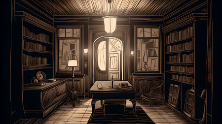 Interior of an old school library. Drawing in sketch style.の素材