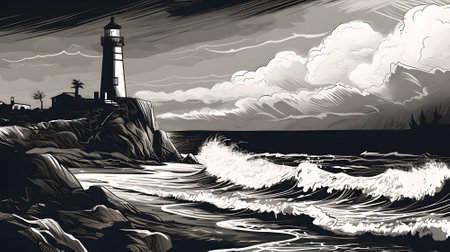 Seascape with lighthouse and waves. Hand drawn vector illustration.の素材