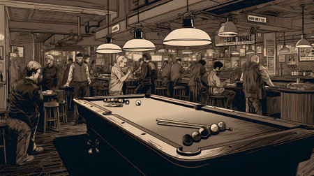 Illustration of a billiard table in a pub with people aroundの素材
