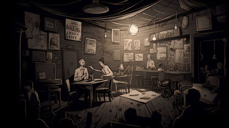 Sketch of a bar interior. Hand drawn vector illustration.の素材