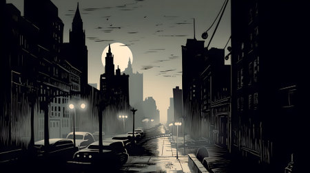 Illustration of a street in the city at night with a full moonの素材