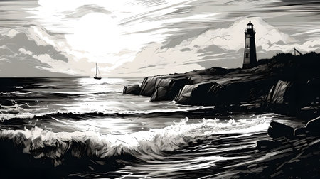 Lighthouse on the rocks in the sea. Black and white illustrationの素材