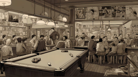 Billiard club interior with people playing billiards in retro styleの素材