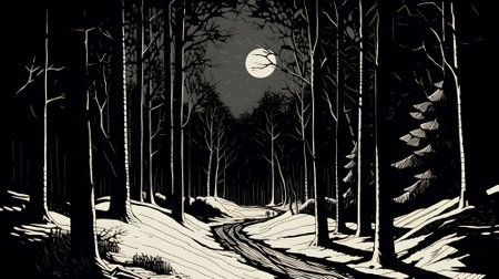 Winter night in the forest, black and white illustration, vector.の素材