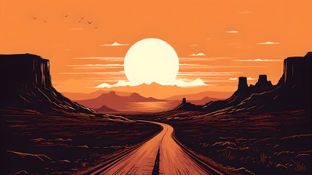 Beautiful landscape with road to the sun. Vector illustration.の素材