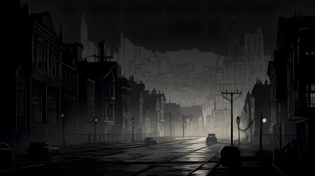 City street at night.illustration. Noir et blancの素材