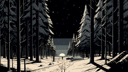 Night winter forest landscape with pine trees, road and camping tent, vector illustrationの素材