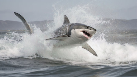 Great White Shark (Carcharodon carcharias) coming out of the oceanの素材