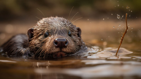 European otter swimming in the water. (Lutra lutra)の素材