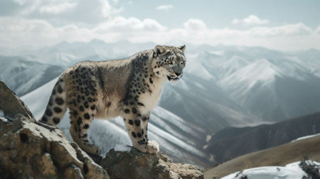 Snow leopard on the rocks. Snow leopard on the background of mountains.の素材