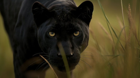 Black panther in the grass of Okavango Delta, Botswana.の素材
