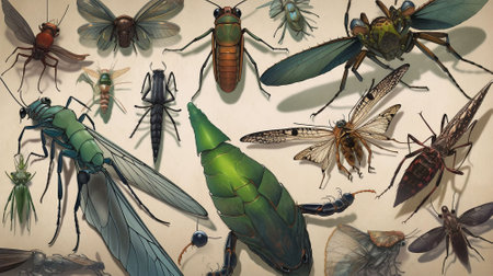 Collection of different insects on white paper background. 3D illustration.の素材