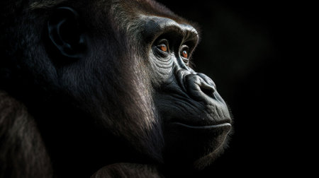 Portrait of a gorilla on a black background, low key.の素材