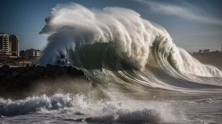 Big wave breaking on the rocks in the middle of the ocean.の素材