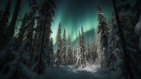 Aurora borealis, northern lights in the winter forest.の素材