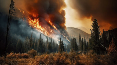 Forest fire in the mountains. Panoramic view of forest fireの素材