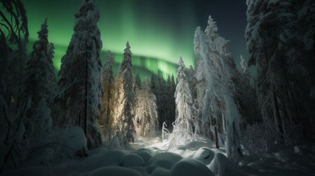 Aurora borealis, northern lights in the winter forest.の素材