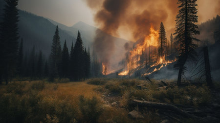 Forest fire in the mountains. Burning dry grass and trees in the foreground.の素材