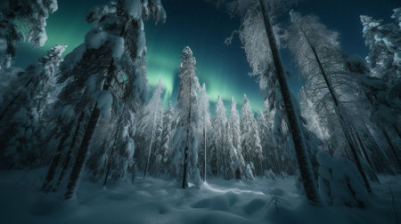 Aurora borealis in the winter forest. Northern lights.の素材