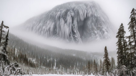 Yosemite National Park, California, USA in winter with fogの素材