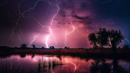 Lightning in the night sky over the river.の素材