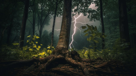 Lightning strike in the dark forest. Thunderstorm in the forest.の素材