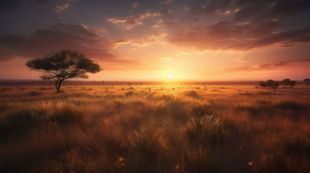 Sunset over the Okavango Delta, Botswana, Africaの素材