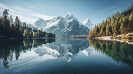 Mountain lake with reflection of snow-capped peaks in autumnの素材