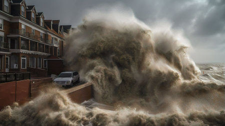 Stormy sea waves crashing on the shore of the European city.の素材