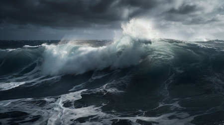 Big wave breaking in the ocean. Stormy sky.の素材