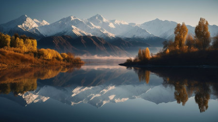 Mountains reflected in the lake. Autumn landscape. New Zealand.の素材