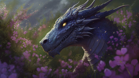 fantasy dragon in the meadow with flowersの素材