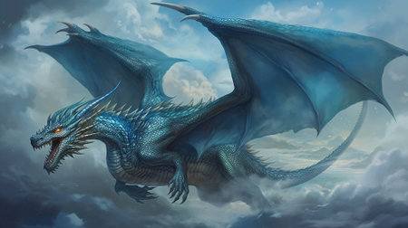 Fantasy dragon flying in the cloudy sky.の素材