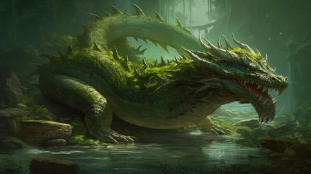 green dragon in a green fantasy forest.の素材