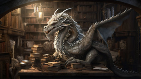 fantasy dragon and books in a library.の素材
