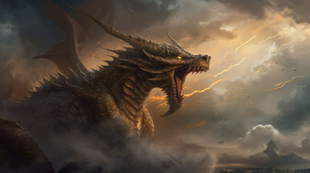 Fantasy dragon in a stormy sky.の素材