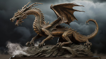 Dragon statue on a dark sky background.の素材