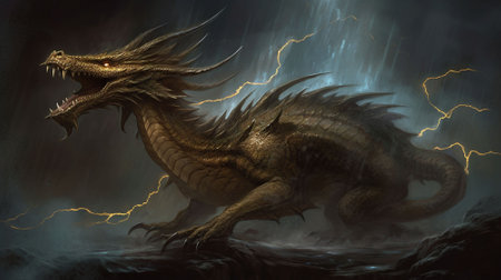 Fantasy dragon with lightning in the night.の素材