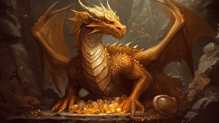 Golden dragon on a stone background. Fantasy.の素材