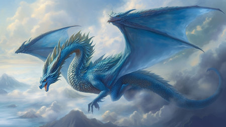 fantasy dragon flying in the sky with cloudsの素材