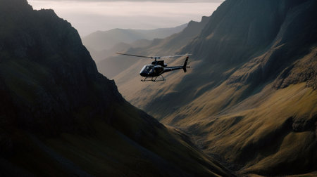 Helicopter flying in the mountains.の素材